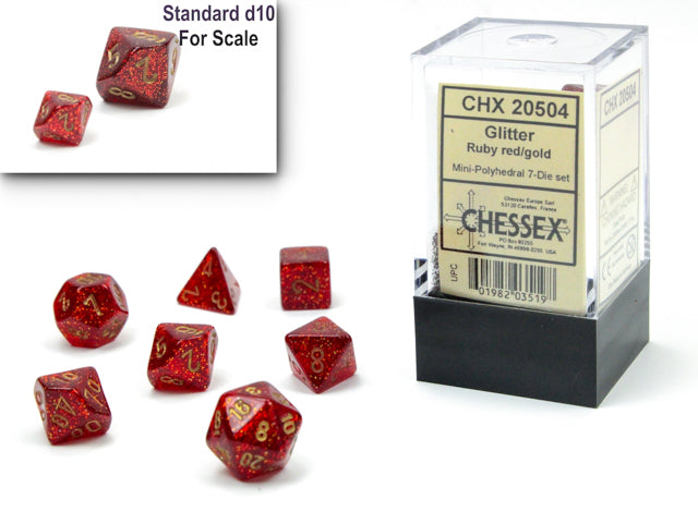 Chessex: Glitter Ruby Red/Gold Mini Polyhedral 7-Dice Set (CHX 20504)