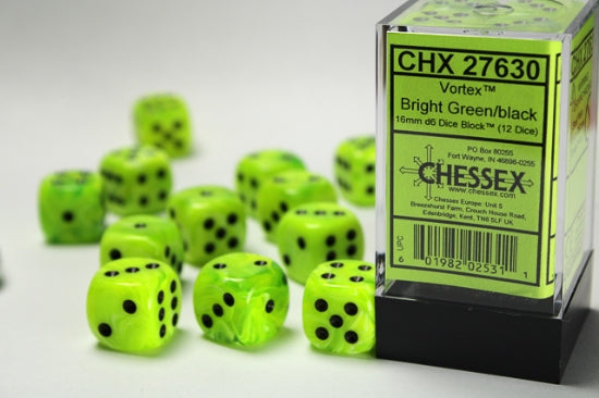 Chessex: Vortex Bright Green/Black 16mm Dice Block (CHX 27630)