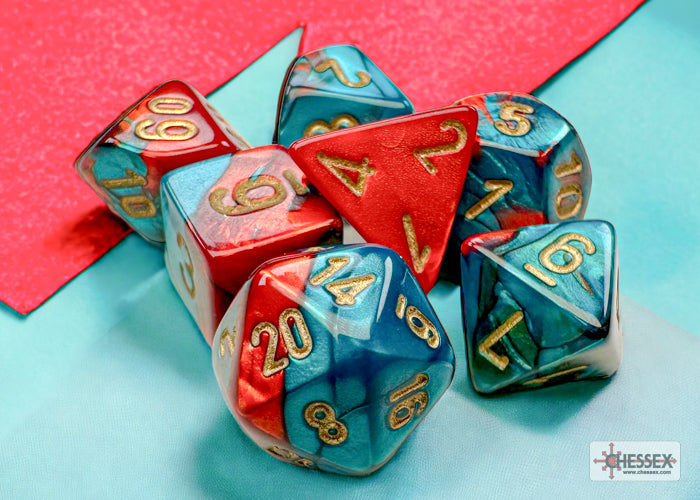 Chessex: Gemini Red-Teal/gold Mini-Polyhedral 7-Die Set (CHX 20662)