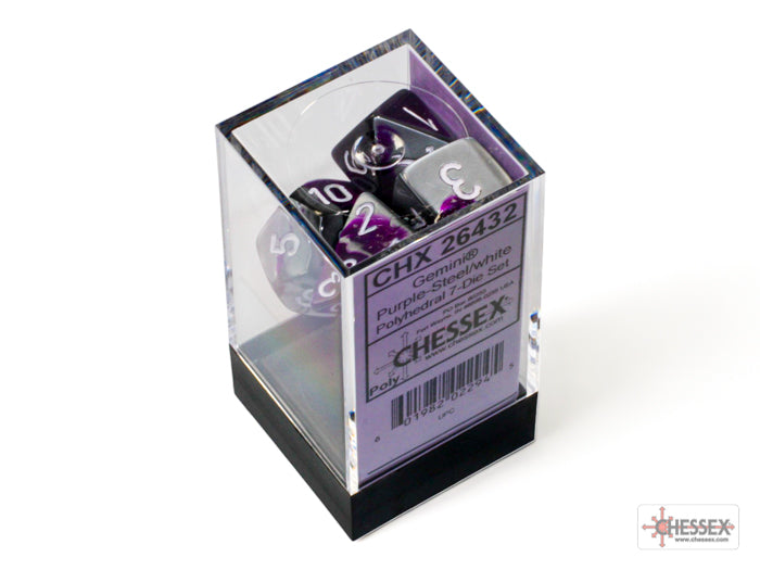 Chessex: Gemini Purple-Steel/white Polyhedral 7-Dice Set (CHX 26432)