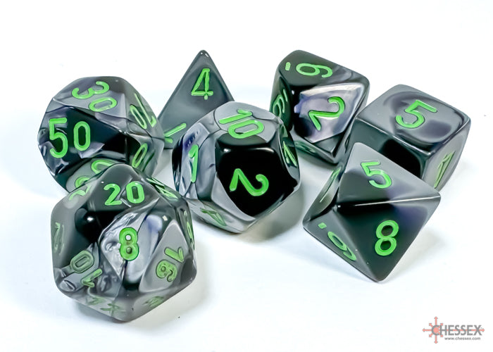 Chessex: Gemini Black-Grey/green Polyhedral 7-Dice Set (CHX 26445)