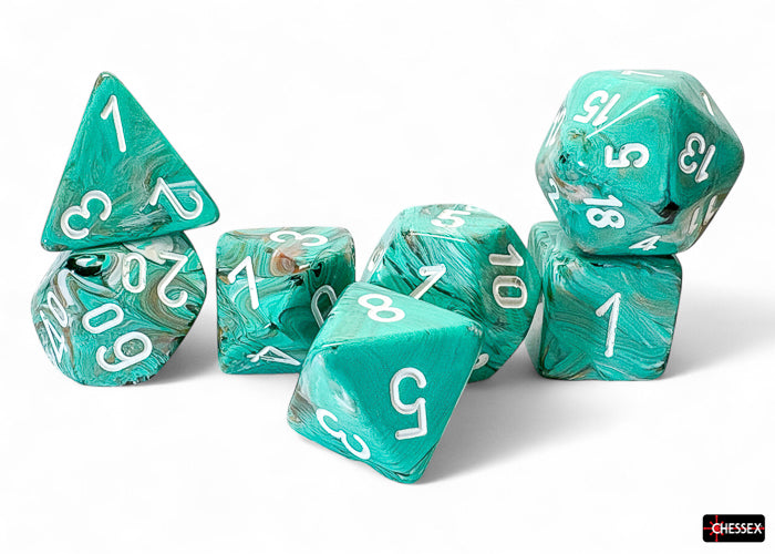 Chessex: Mega-Hedral - Marble Oxi-Copper/White (7-Piece Set)
