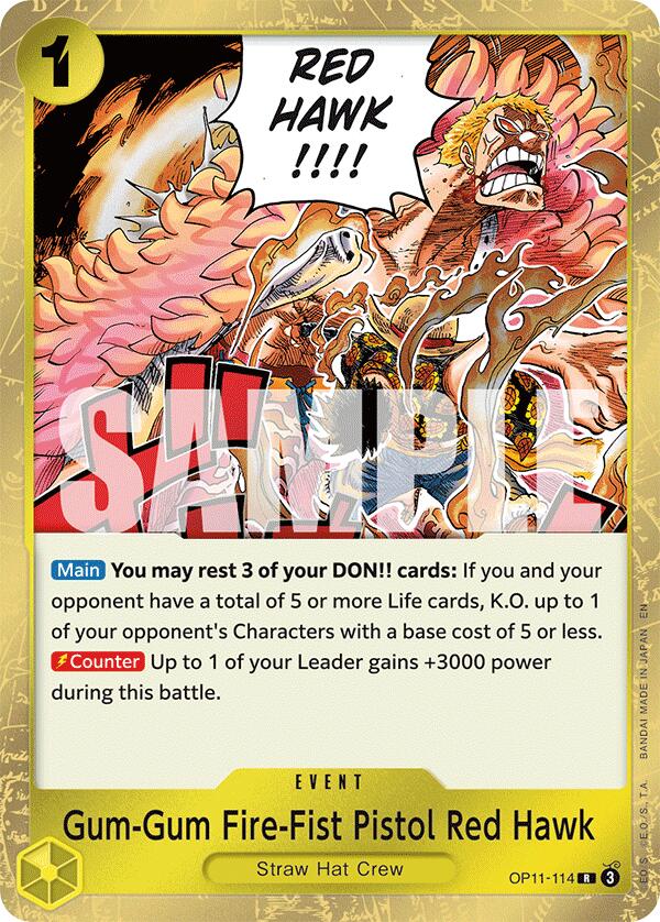 one piece card game fire fist OP05-019 (R) holofoil pattern or surface detail) Gum-Gum Fire-Fist Pistol Red Hawk