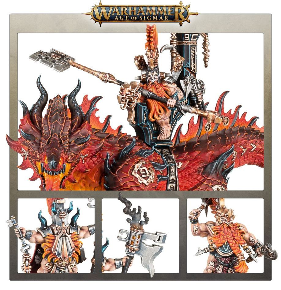 Warhammer, Age of Sigmar: Fireslayers - Auric Runefather on Magmadroth