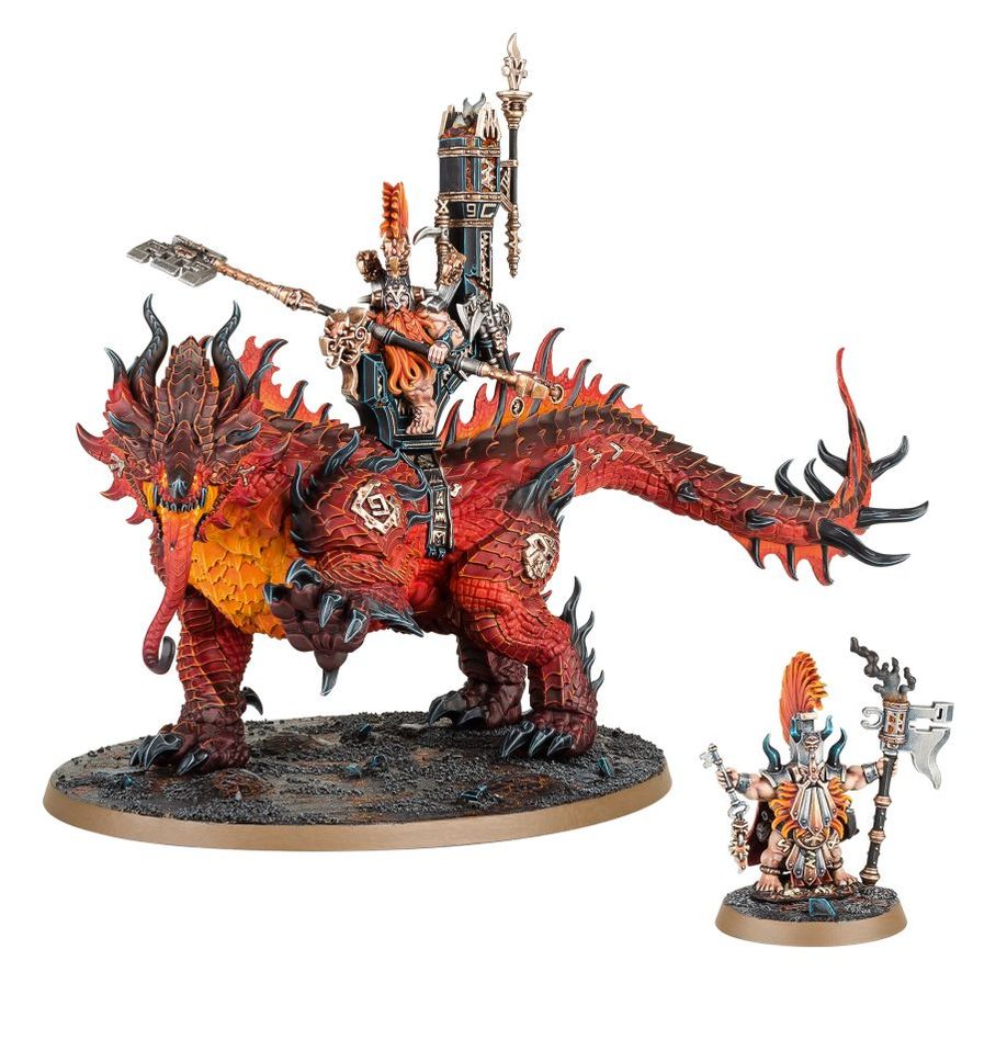 Warhammer, Age of Sigmar: Fireslayers - Auric Runefather on Magmadroth