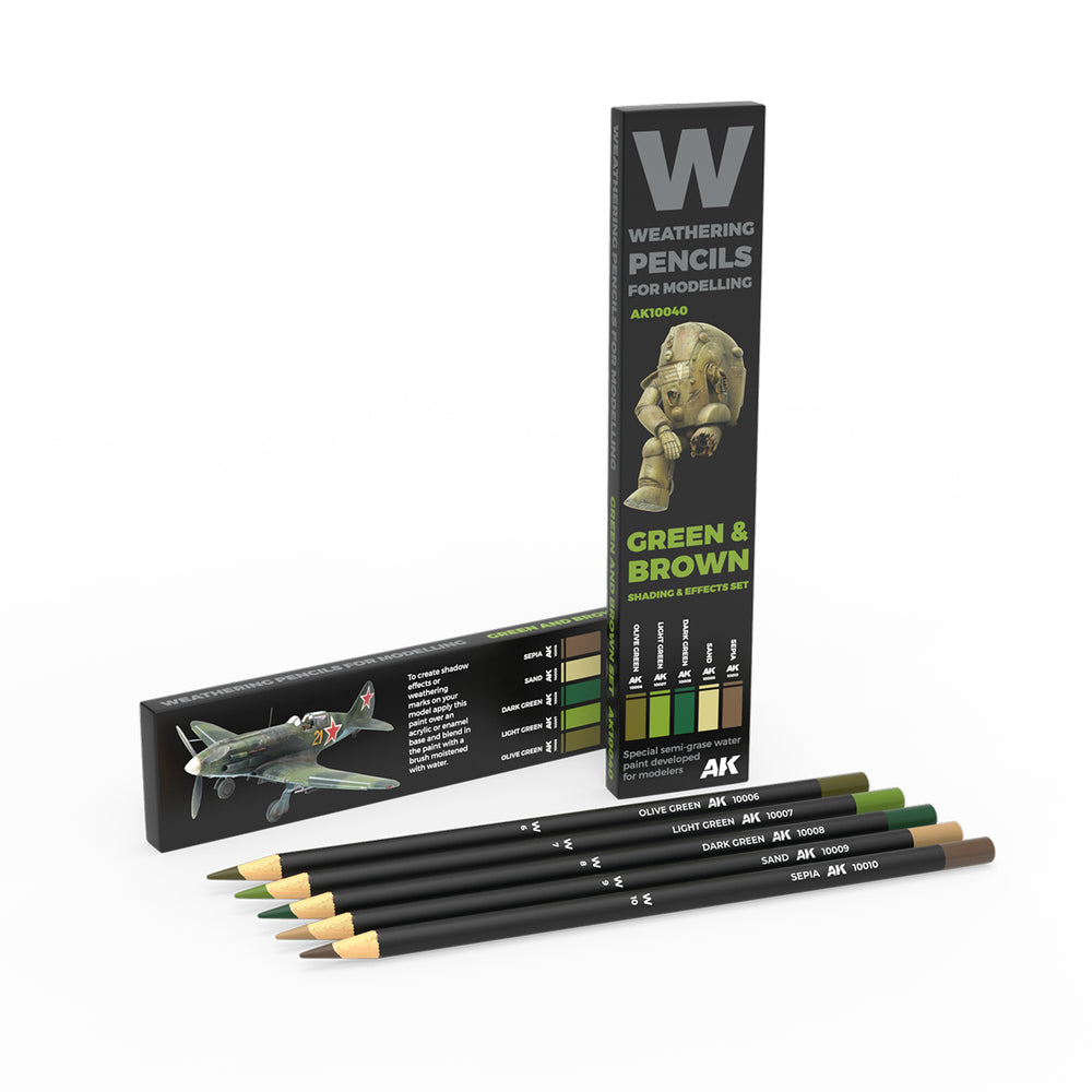 AK Interactive Weathering Pencils - Green & Brown: Shading & Effects Set