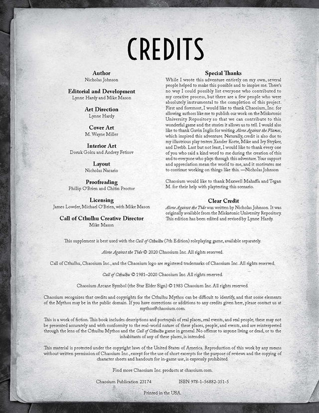 Call of Cthulhu 7th Edition: Solo Adventure - Alone Against the Tide