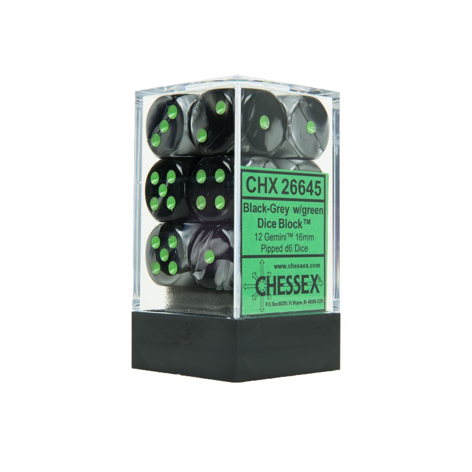 Dice: Gemini Black-Grey/Green 16mm Dice Block (CHX 26645)