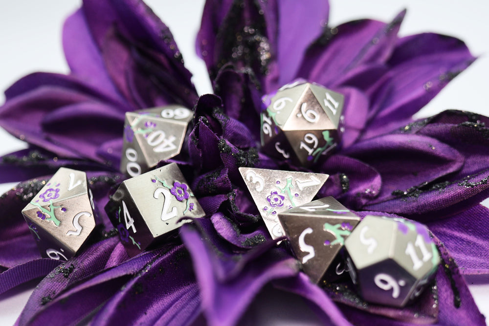 Foam Brain Games: Silver with Purple Orchids - Metal RPG Dice Set