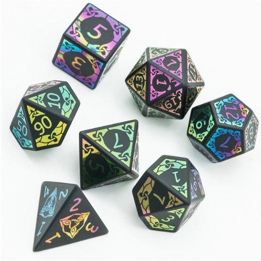 Foam Brain Games: Obsidian and Rainbow Flourish Dice with Dice Holder