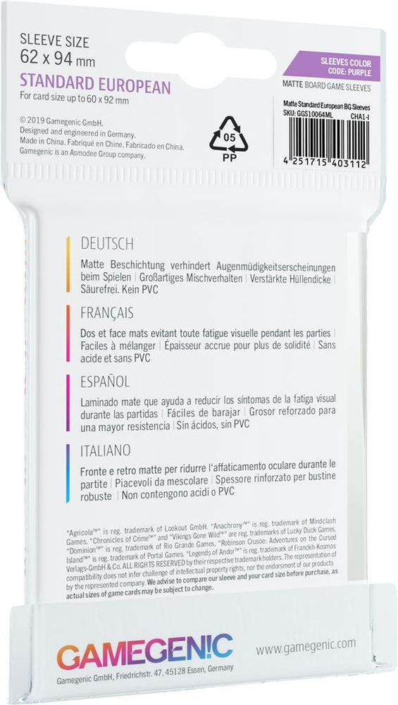 Gamegenic: Matte Sleeves - Standard European (62x94mm)
