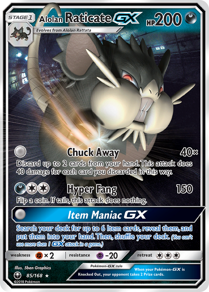 pokemon card raticate Vintage Common Colorless Colorless Crunch (10) Discard an Energy attached to your opponents Active Pokmon Alolan Raticate GX (85/168) [Sun